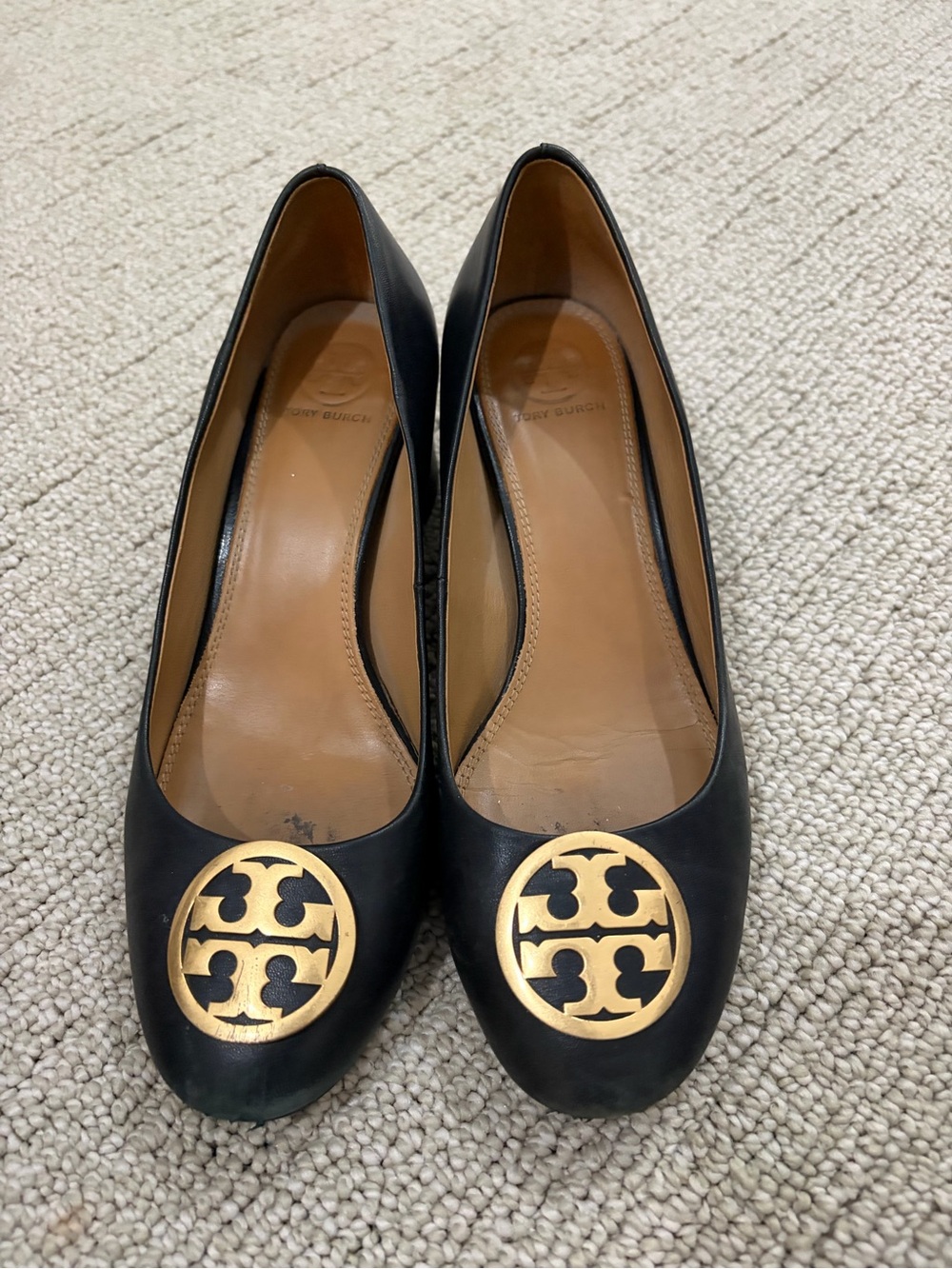 Tory Burch Black Leather Ballet Flats with Gold Logo Emblem